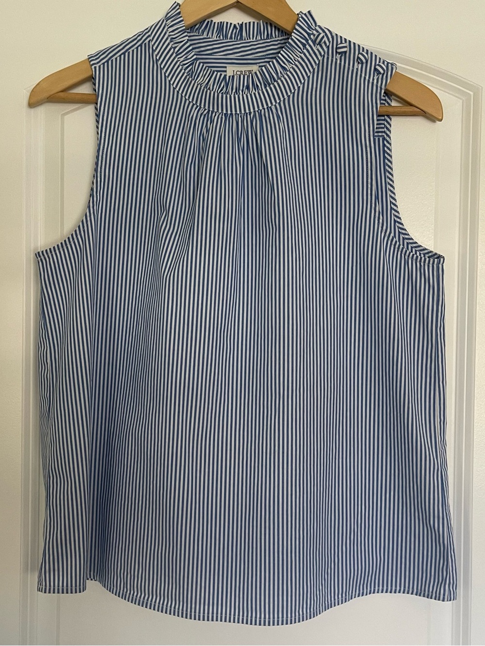 NWT J. Crew Striped Ruffle-Neck Sleeveless Top Blue White Cotton Tank Small